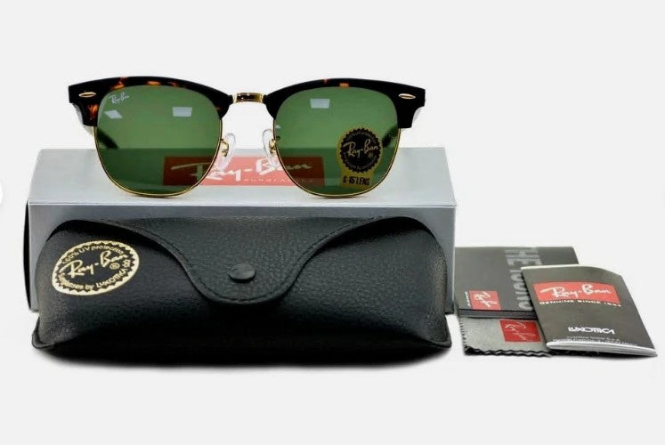 Ray-Ban Sunglasses RB3016 Clubmaster Classic Tortoise Frame Green Lenses 51mm